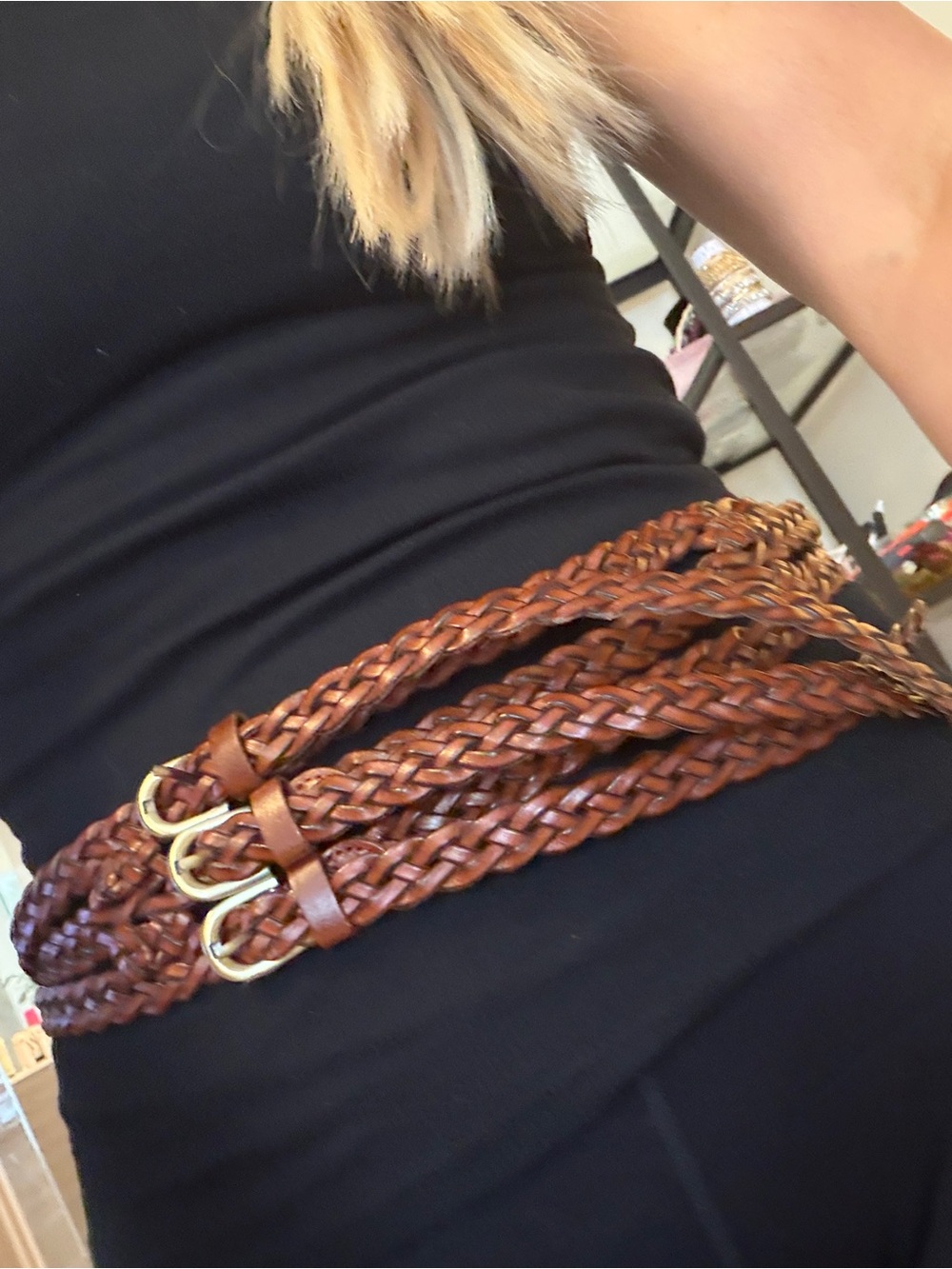 Vintage Braided Triple-Wrap Brown Leather Waist Belt - Unbranded